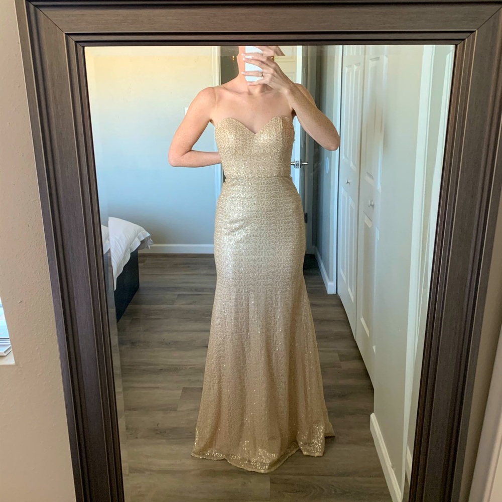 Gold/ champagne sequin wedding guest dress